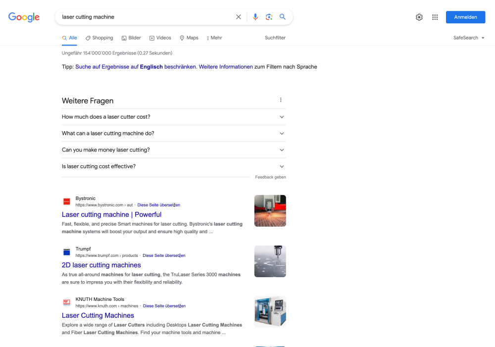 Screenshot des Google Suchresultats von laser cutting machine das zeigt, dass Bystronic sich an dritter Stelle der Resultate befindet.