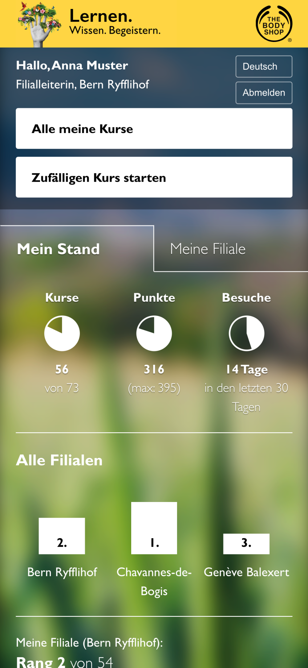 Mobile Design des Dashboard für das BodyShop E-Learning Tool