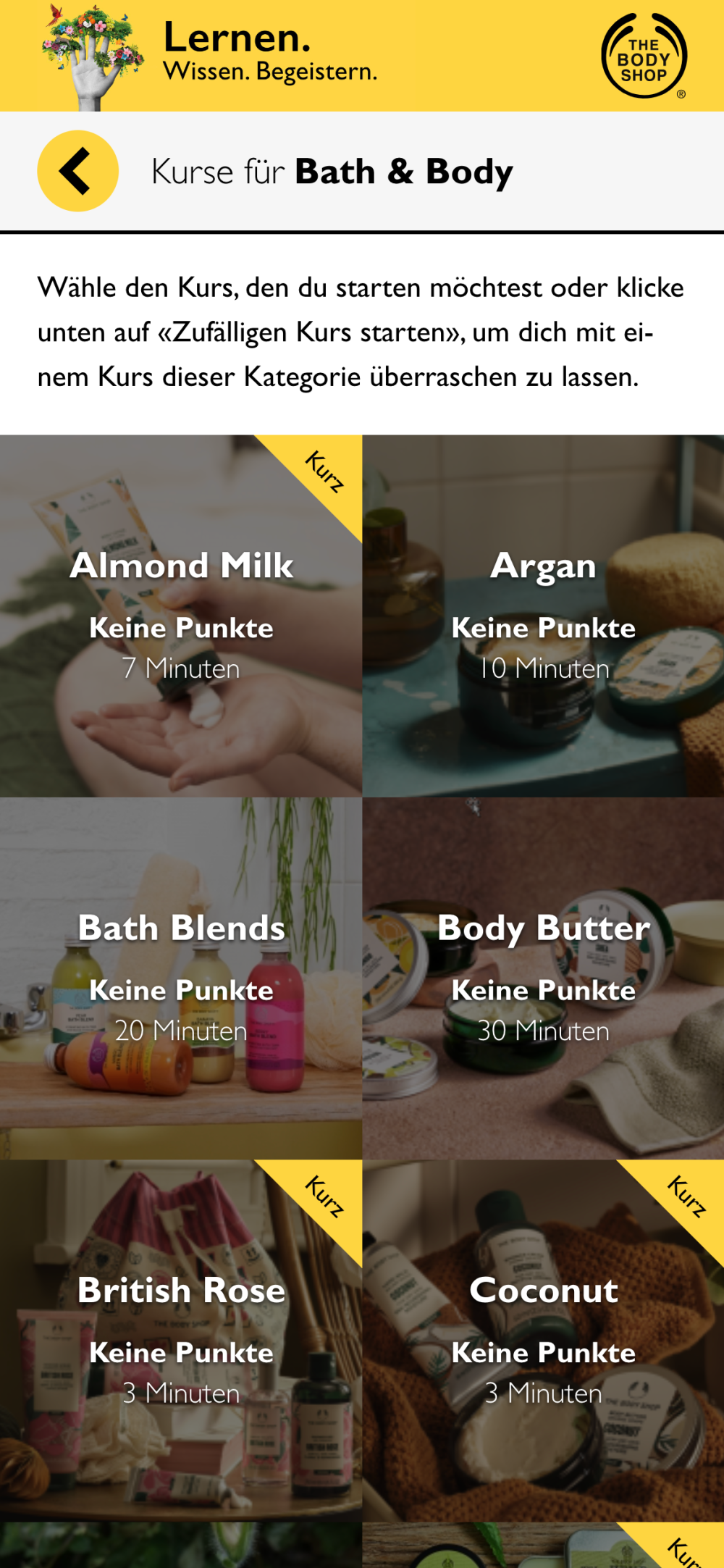 Übersicht der verfügbaren Kursen von BodyShop E-Learning
