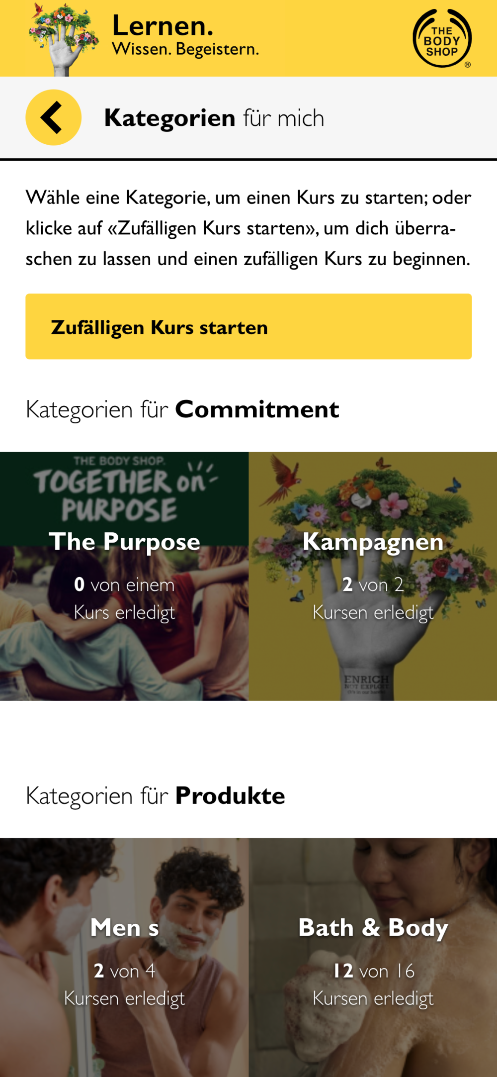 Screendesign mit Button um zufälligen Kurs zu starten