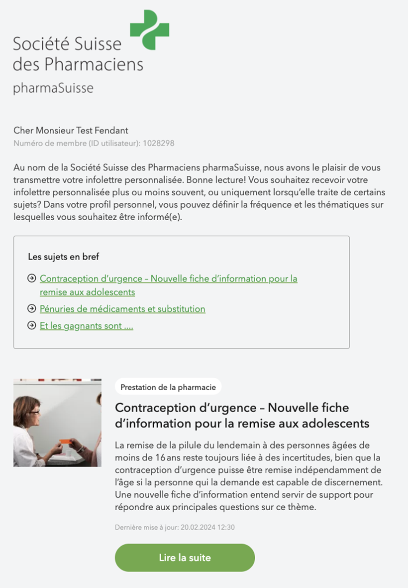 Personalisierter Newsletter von PharmaSuisse