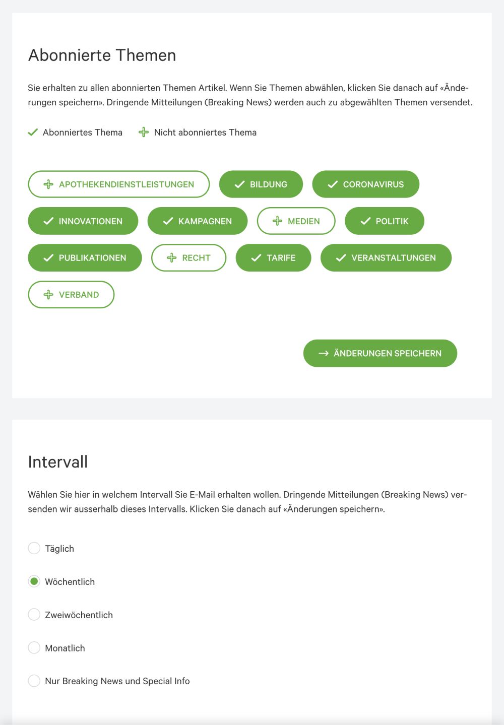 Design Filterübersicht zur Auswahl verschiedener Themen für den PharmaSuisse Infoletter