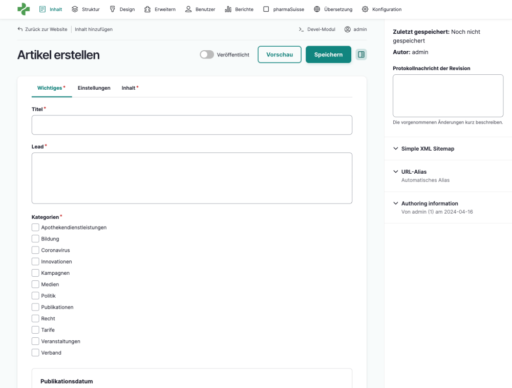 Drupal Backoffice View zur Erstellung eines Newsbeitrages