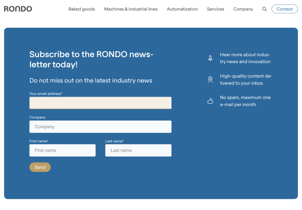 Banner mit Formularfeldern zur Registrierung des Newsletters.