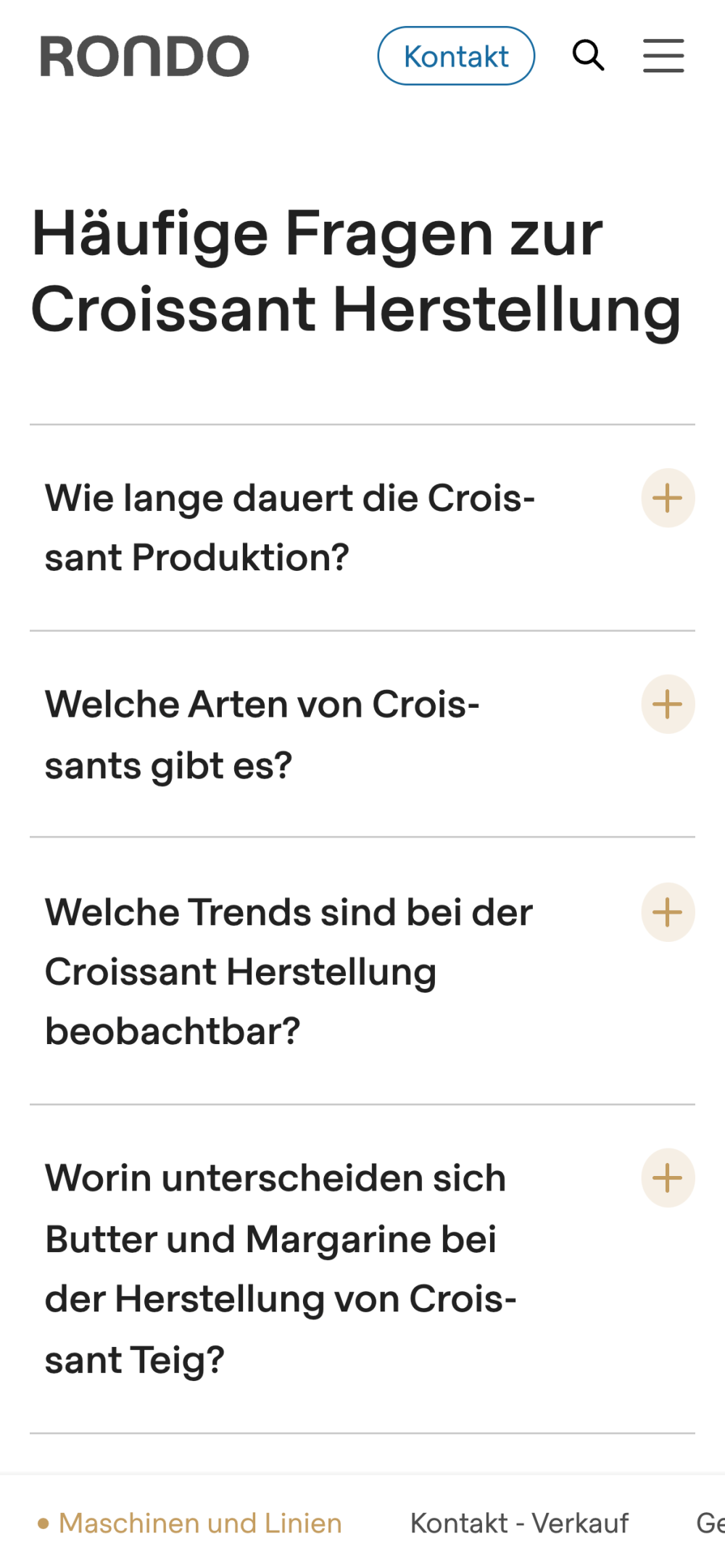 FAQ in Form eines Akkordeons, mit verschiedenen Fragen zur Produktion von Backwaren