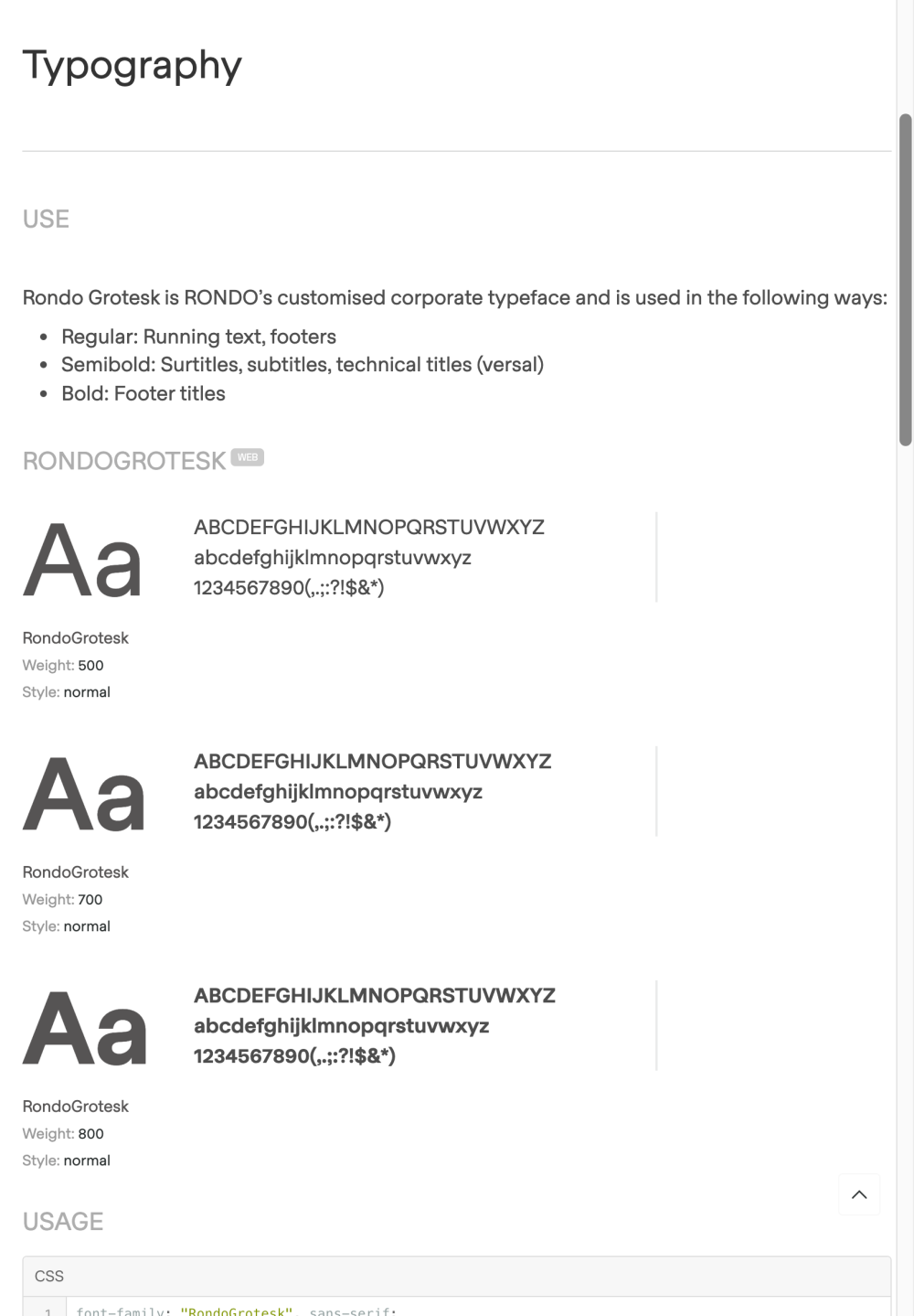 Branding Manual mit Informationen zur Anwendung des Corporate Font «RONDO Grotesk» von RONDO