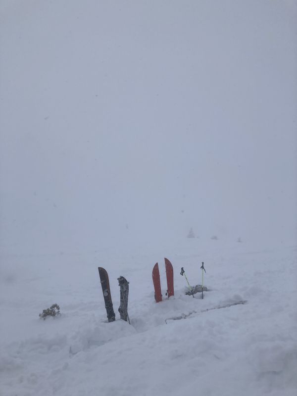 Viel Nebel und zwei Paar Ski, die im Schnee stecken