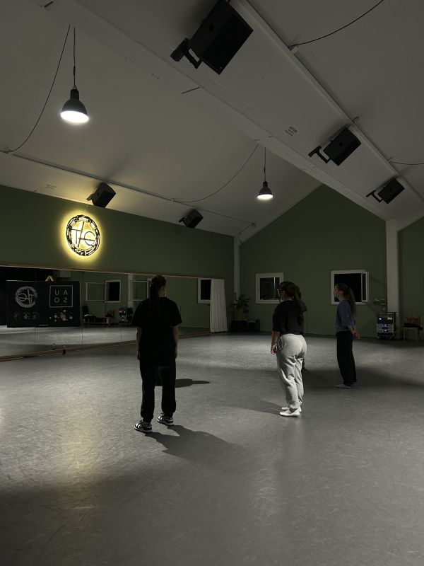 Tanzstudio und drei Personen, die darin stehen